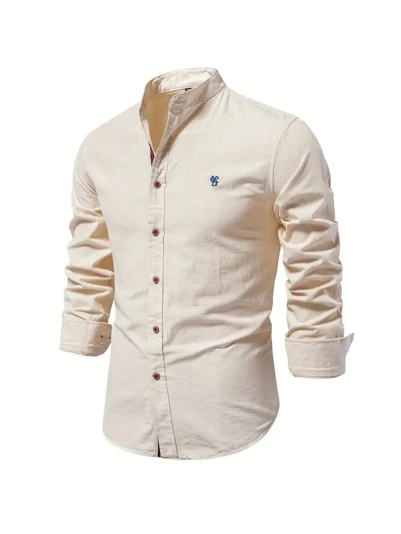Beige Men's Long Sleeve Shirt with Mandarin Collar & Linen Finish
