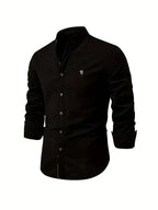 Black Men's Long Sleeve Shirt with Mandarin Collar & Linen Finish