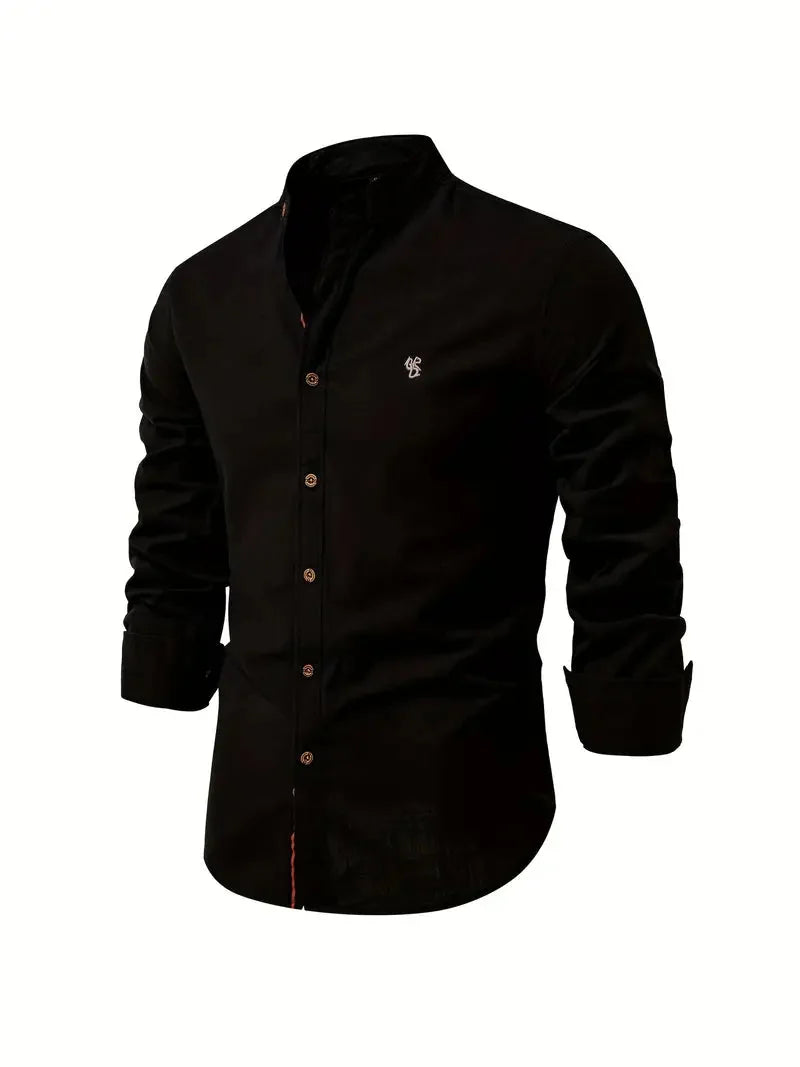 Black Men's Long Sleeve Shirt with Mandarin Collar & Linen Finish