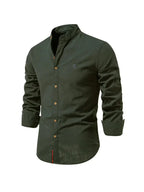 Dark Green Men's Long Sleeve Shirt with Mandarin Collar & Linen Finish - Front Full