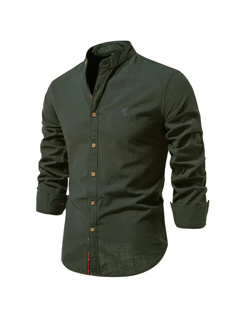 Dark Green Men's Long Sleeve Shirt with Mandarin Collar & Linen Finish - Front Full