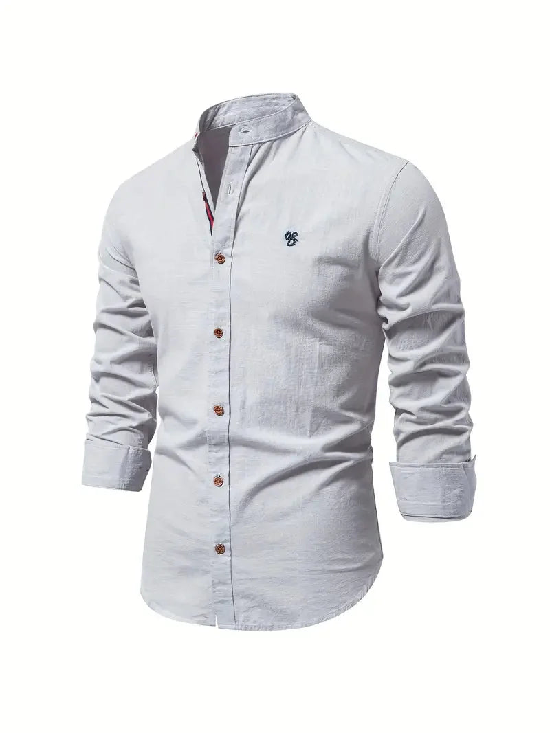 Grey Men's Long Sleeve Shirt with Mandarin Collar & Linen Finish