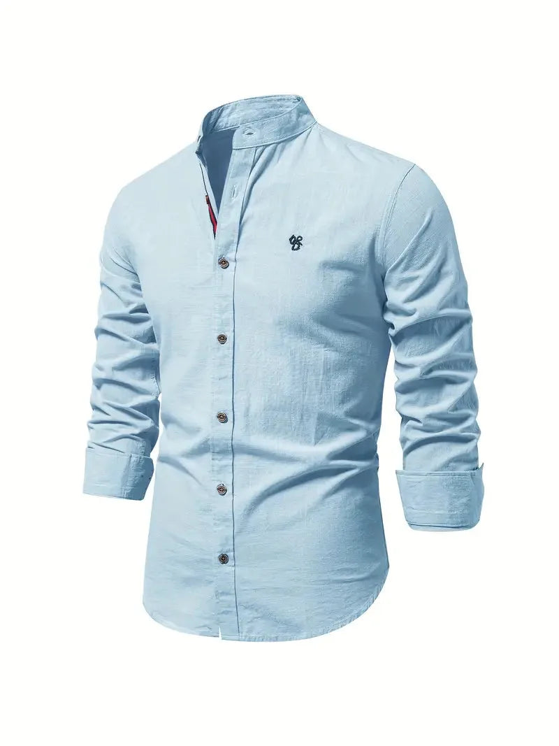 Light Blue Men's Long Sleeve Shirt with Mandarin Collar & Linen Finish