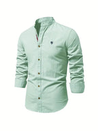 Light Green Men's Long Sleeve Shirt with Mandarin Collar & Linen Finish - Side Pose