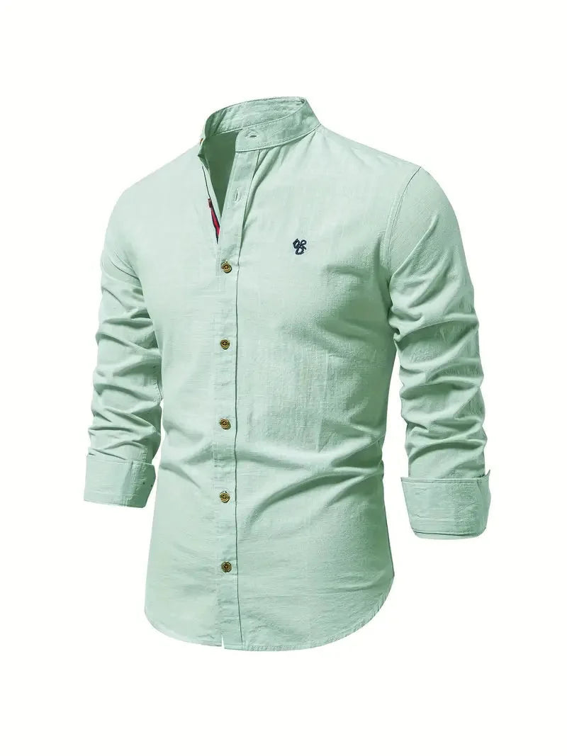 Light Green Men's Long Sleeve Shirt with Mandarin Collar & Linen Finish - Side Pose
