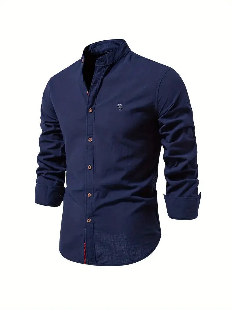 Dark Blue Men's Long Sleeve Shirt with Mandarin Collar & Linen Finish - Sleeve Detail