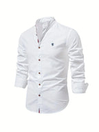 White Men's Long Sleeve Shirt with Mandarin Collar & Linen Finish - Front Open