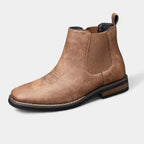 Chestnut Brown Men's Chelsea Boots with Slip-On Design & Western Stitching - Front Angle Studio
