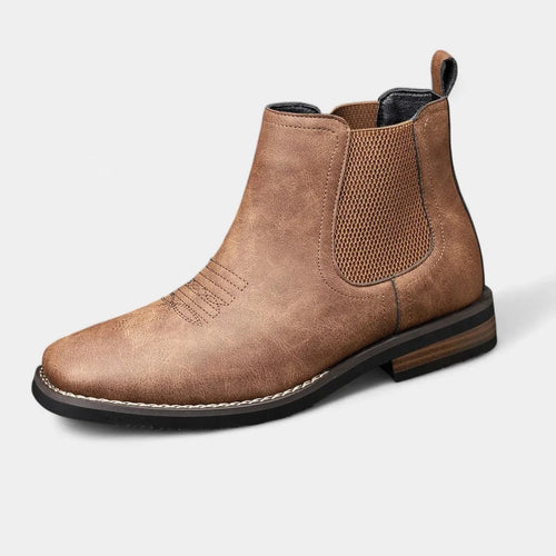 Chestnut Brown Men's Chelsea Boots with Slip-On Design & Western Stitching - Front Angle Studio