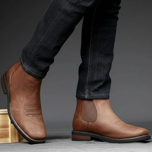 Men's Chelsea Boots with Slip-On Design & Western Stitching - Brown Model Walking Outdoor