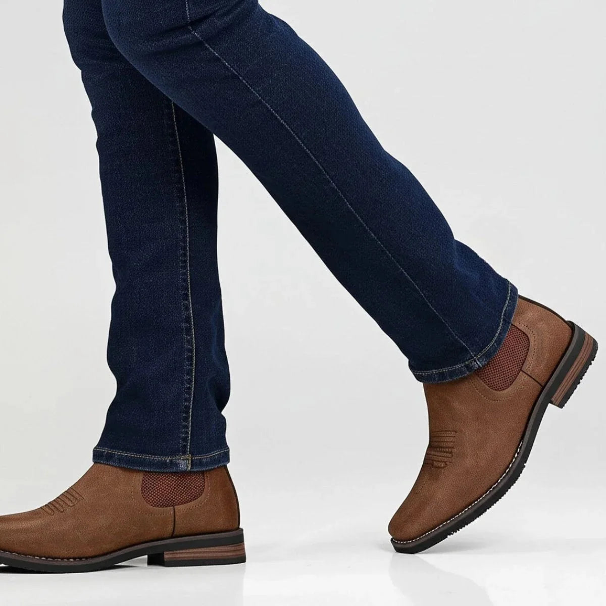 Men's Chelsea Boots with Slip-On Design & Western Stitching - Brown Model Walking Studio