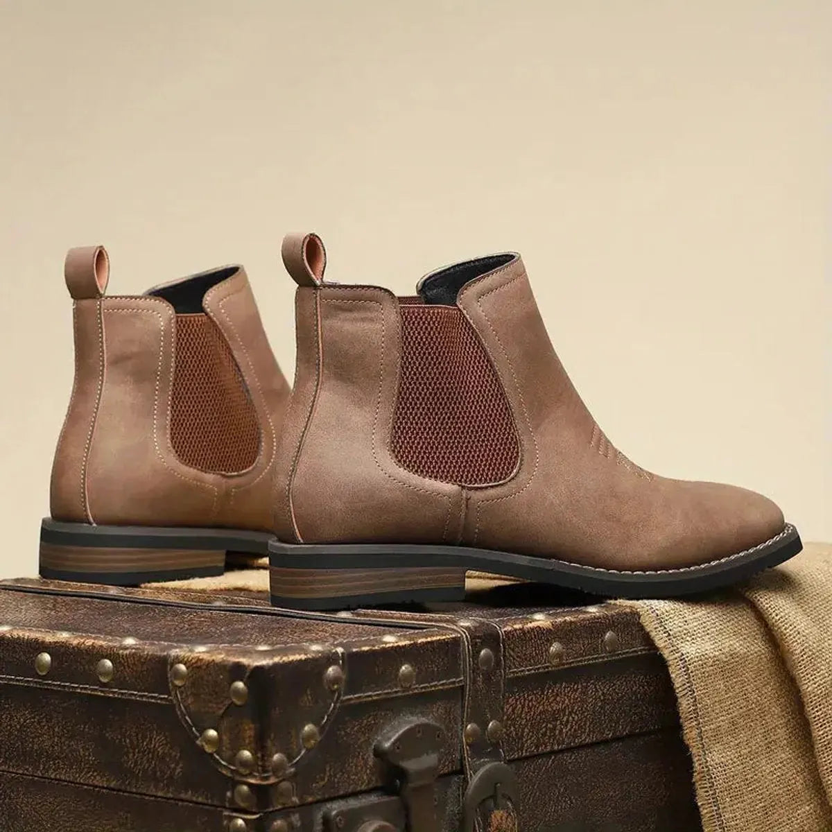 Men's Chelsea Boots with Slip-On Design & Western Stitching - Brown Pair Back View
