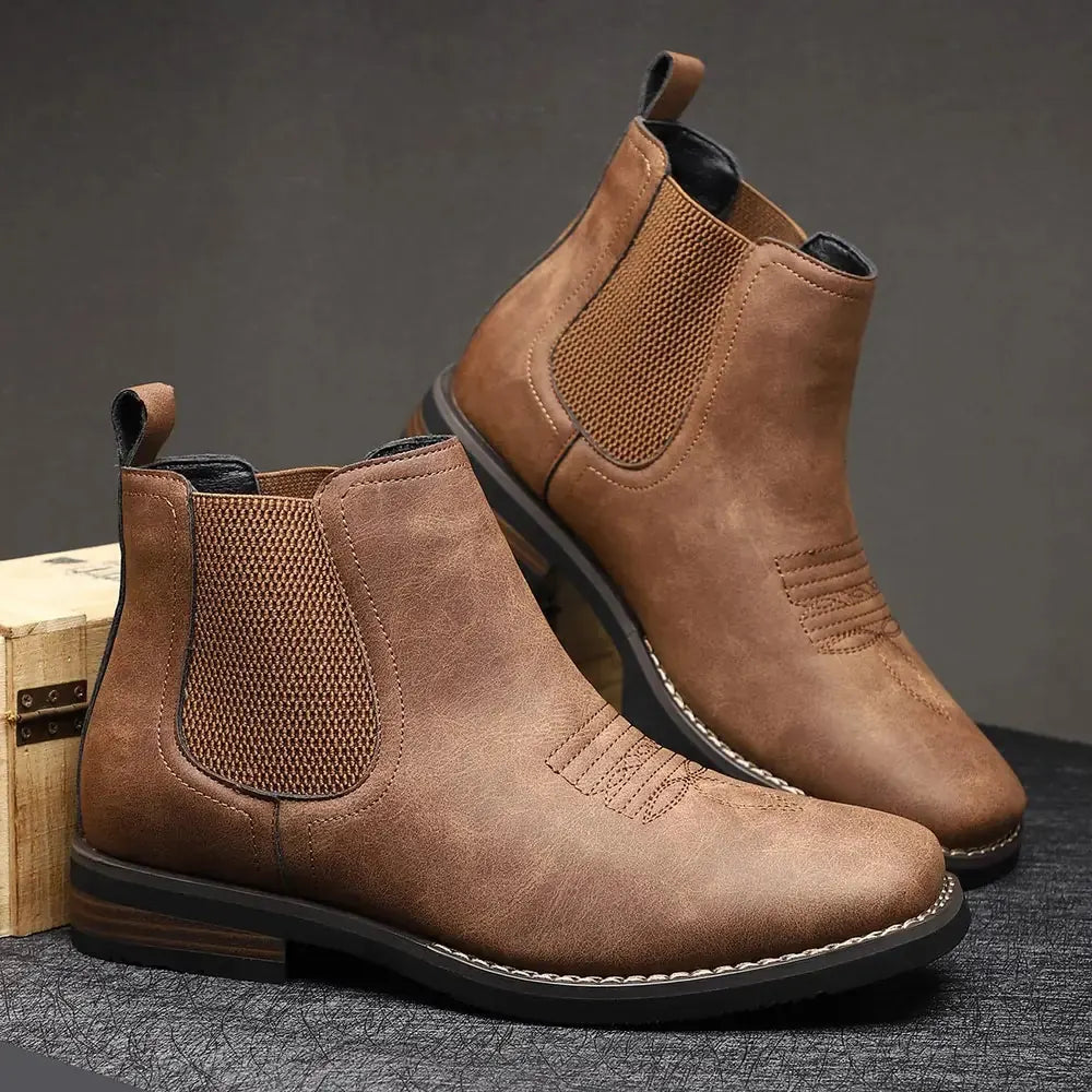 Men's Chelsea Boots with Slip-On Design & Western Stitching - Brown Pair Side Box