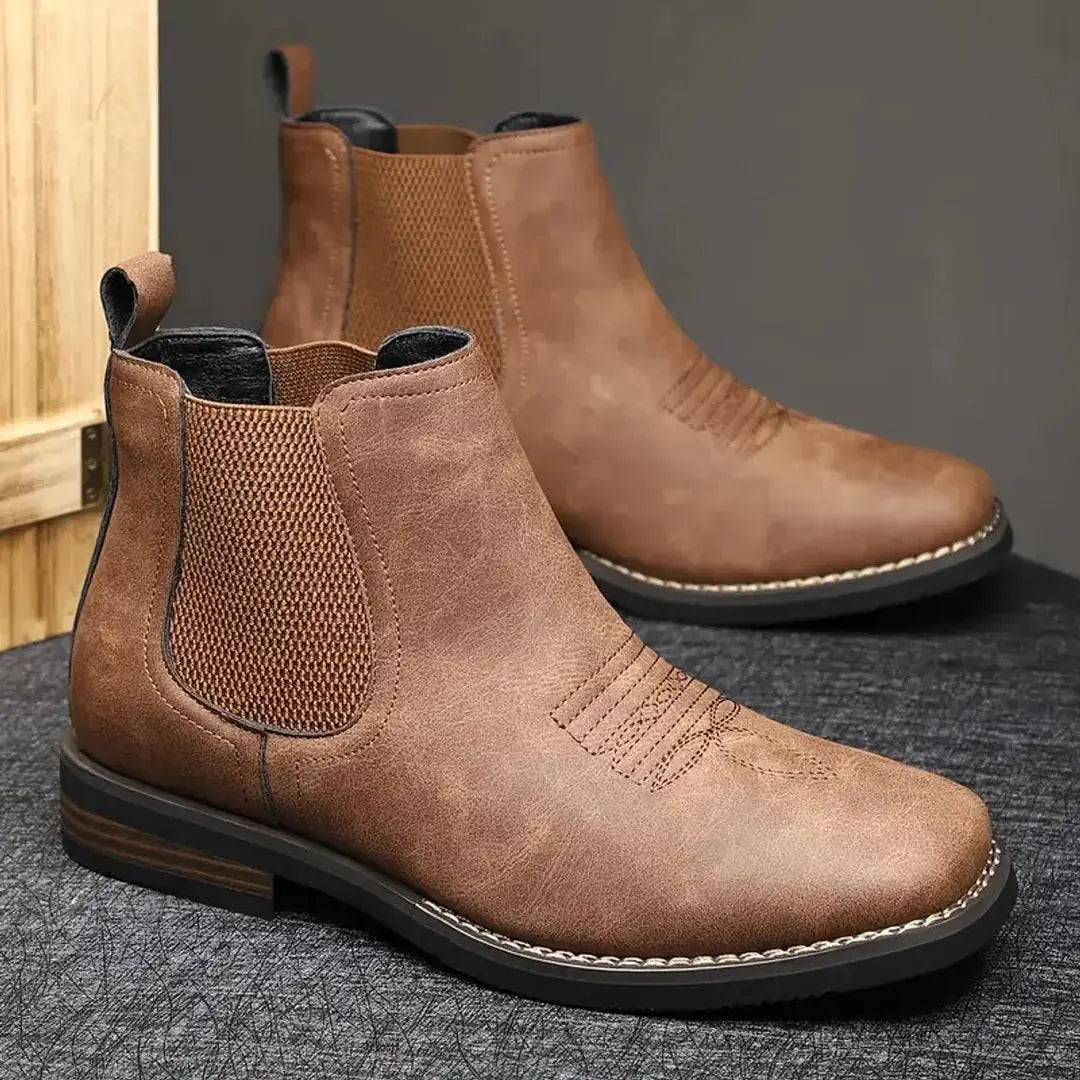 Men's Chelsea Boots with Slip-On Design & Western Stitching - Brown Pair Side Crate