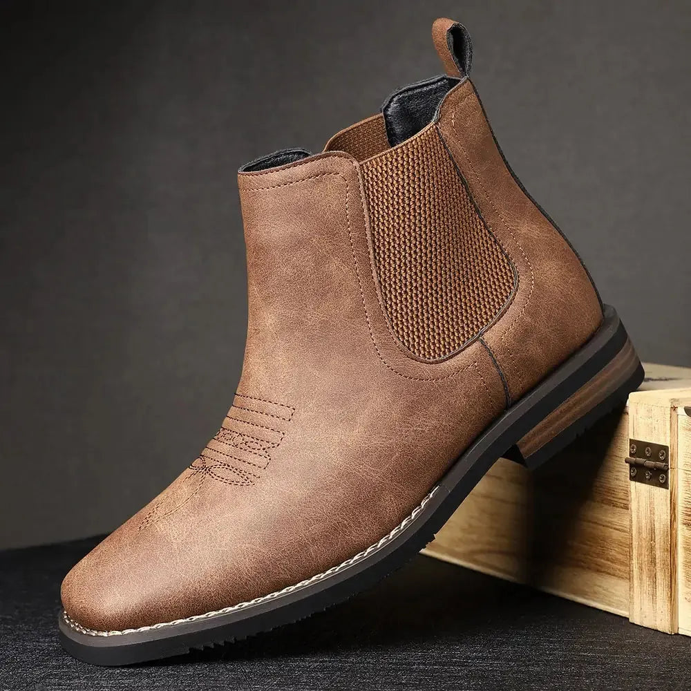 Men's Chelsea Boots with Slip-On Design & Western Stitching - Brown Single Boot Angle
