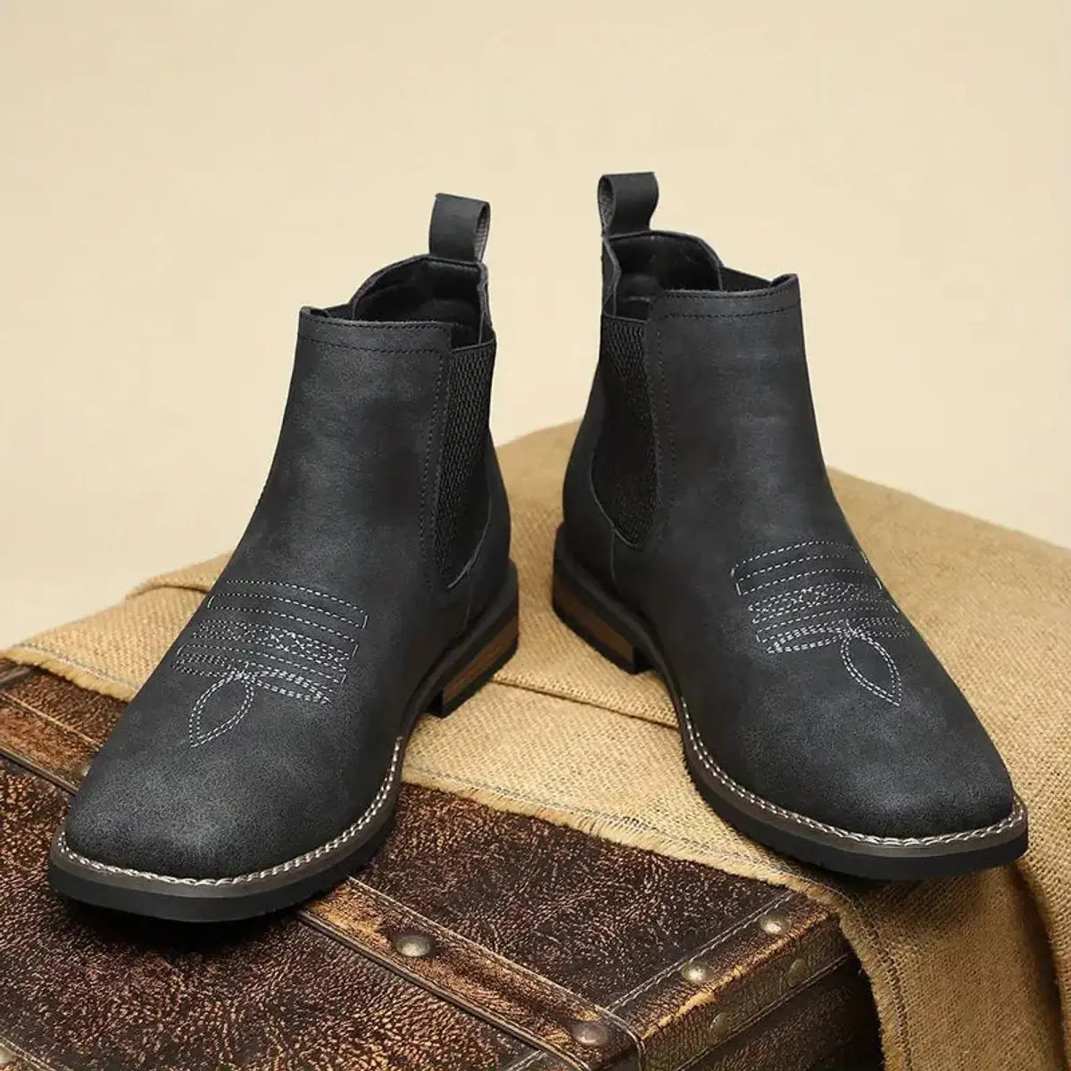 Men's Chelsea Boots with Slip-On Design & Western Stitching - Pair Front Full