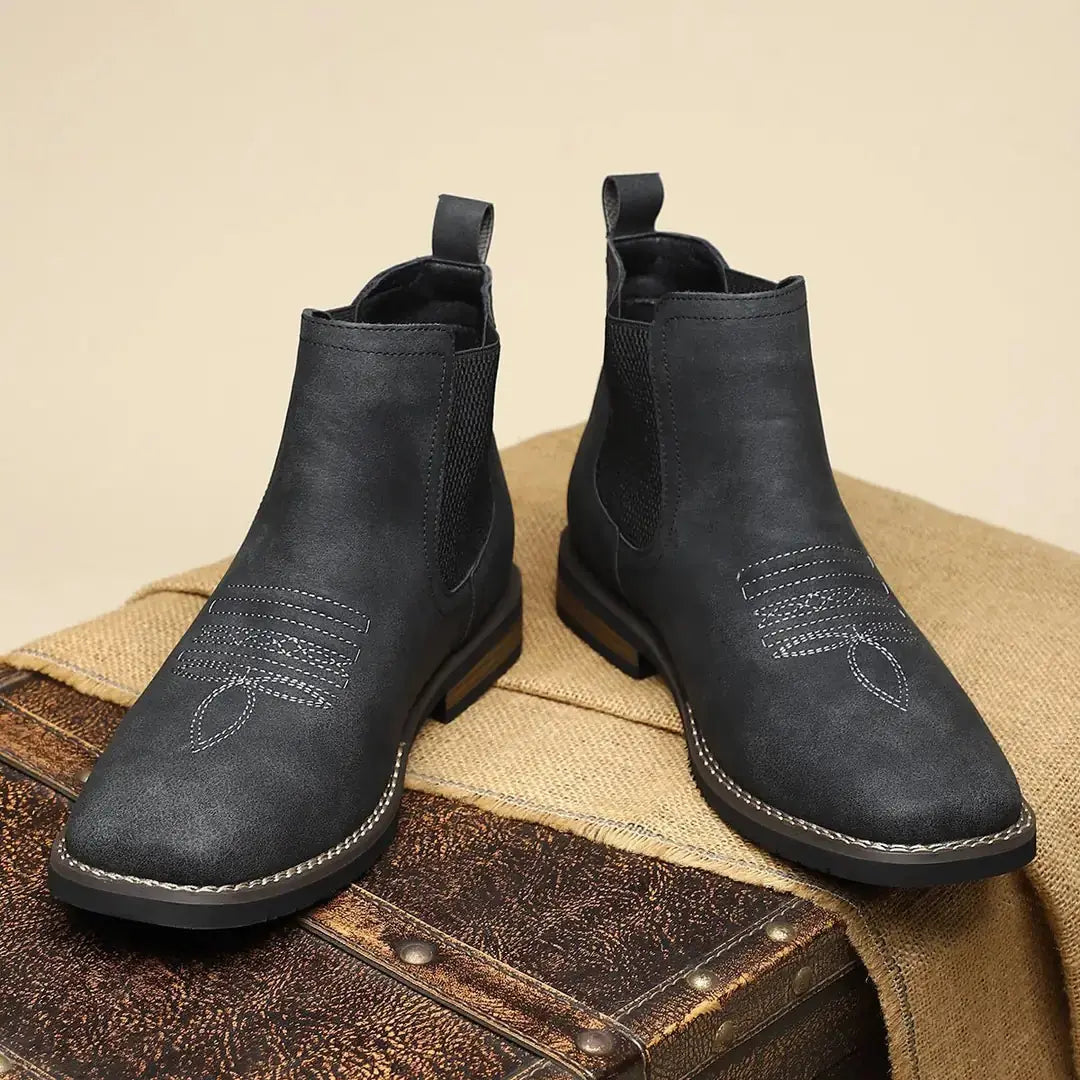 Midnight Men's Chelsea Boots with Slip-On Design & Western Stitching - Pair Front Trunk