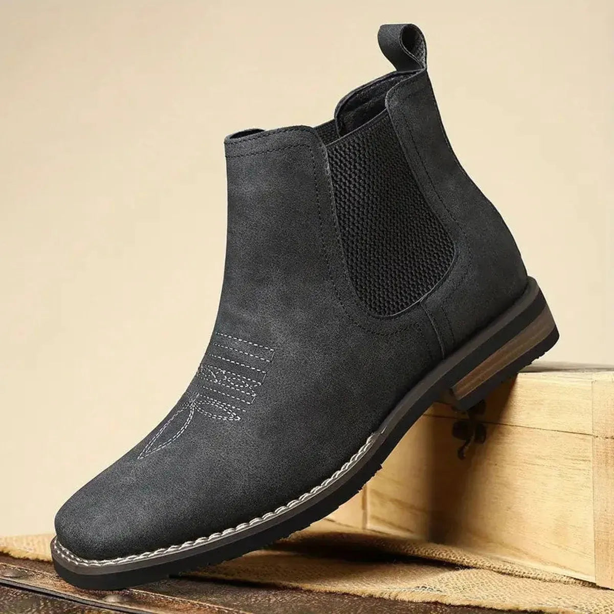 Men's Chelsea Boots with Slip-On Design & Western Stitching - Single Boot Side