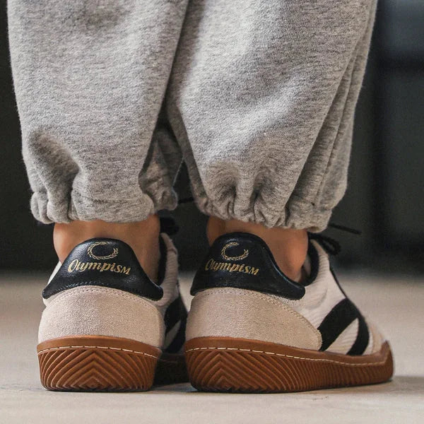 Beige Men's Classic Sneakers with Lace-Up Closure & Colorblock Design - Back Heel View