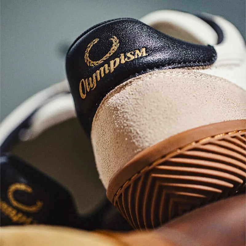 Beige Men's Classic Sneakers with Lace-Up Closure & Colorblock Design - Heel Branding Closeup
