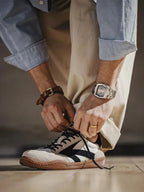 Beige Men's Classic Sneakers with Lace-Up Closure & Colorblock Design - Lacing Detail