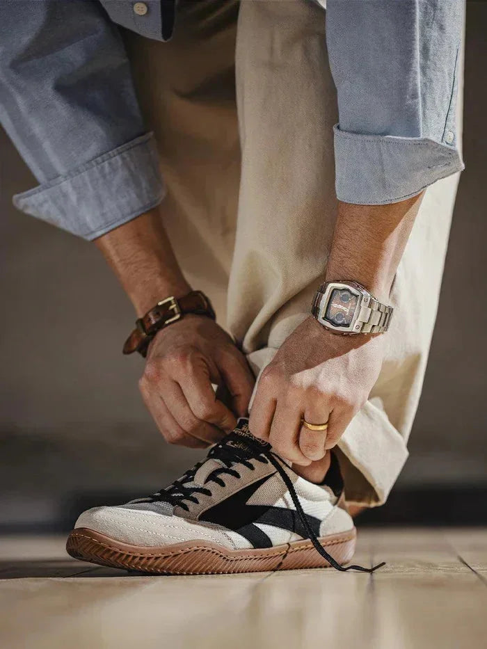 Beige Men's Classic Sneakers with Lace-Up Closure & Colorblock Design - Lacing Detail