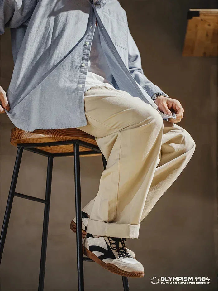 Beige Men's Classic Sneakers with Lace-Up Closure & Colorblock Design - Seated Lifestyle