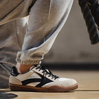 Beige Men's Classic Sneakers with Lace-Up Closure & Colorblock Design - Side Worn Detail