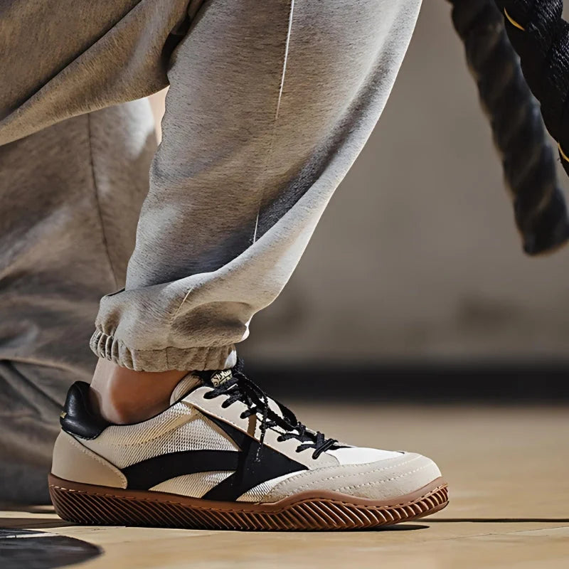 Beige Men's Classic Sneakers with Lace-Up Closure & Colorblock Design - Side Worn Detail