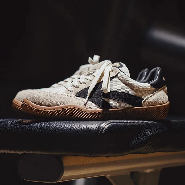 Beige Men's Classic Sneakers with Lace-Up Closure & Colorblock Design - Studio Side Profile