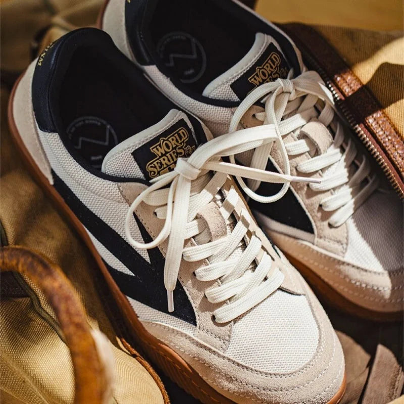 Beige Men's Classic Sneakers with Lace-Up Closure & Colorblock Design - Top Down Flat Lay