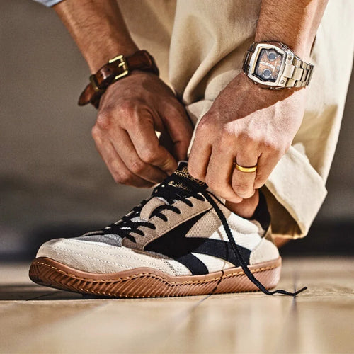 Beige Men's Classic Sneakers with Lace-Up Closure & Colorblock Design - Tying Laces Closeup