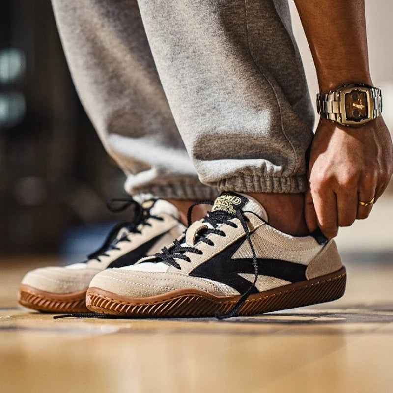 Beige Men's Classic Sneakers with Lace-Up Closure & Colorblock Design - Worn Walking