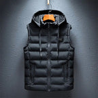 Black Men's Hooded Puffer Vest with Zip Front & Multi-Pocket Design