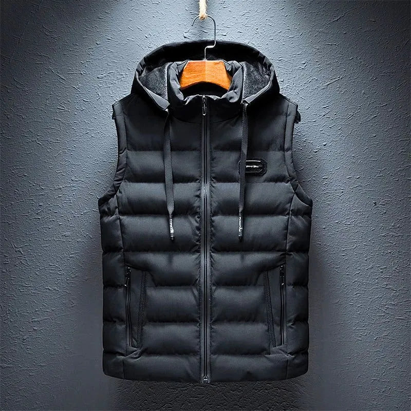 Black Men's Hooded Puffer Vest with Zip Front & Multi-Pocket Design