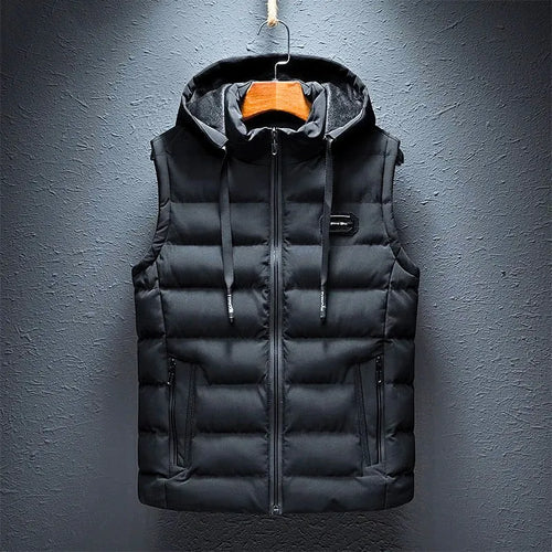 Black Men's Hooded Puffer Vest with Zip Front & Multi-Pocket Design