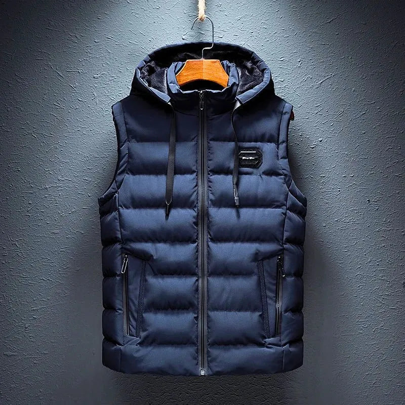 Blue Men's Hooded Puffer Vest with Zip Front & Multi-Pocket Design