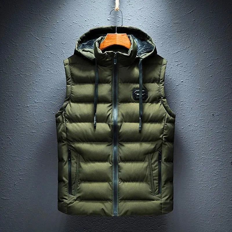 Green Men's Hooded Puffer Vest with Zip Front & Multi-Pocket Design — Ethan