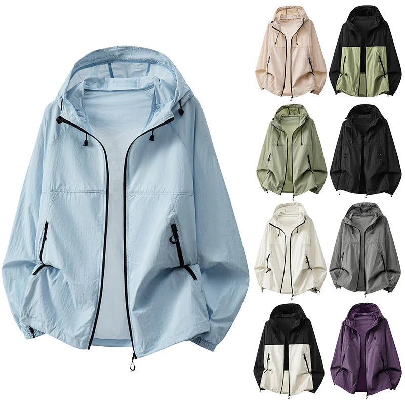 Men's Relaxed-Fit Hooded Jacket with Zip Pockets & Drawstring Hem - Front Zipped Grid