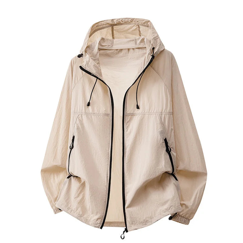 Ice Rose Men's Relaxed-Fit Hooded Jacket with Zip Pockets & Drawstring Hem - Studio Front Beige