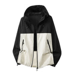White Black Men's Relaxed-Fit Hooded Jacket with Zip Pockets & Drawstring Hem - Studio Front Colorblock
