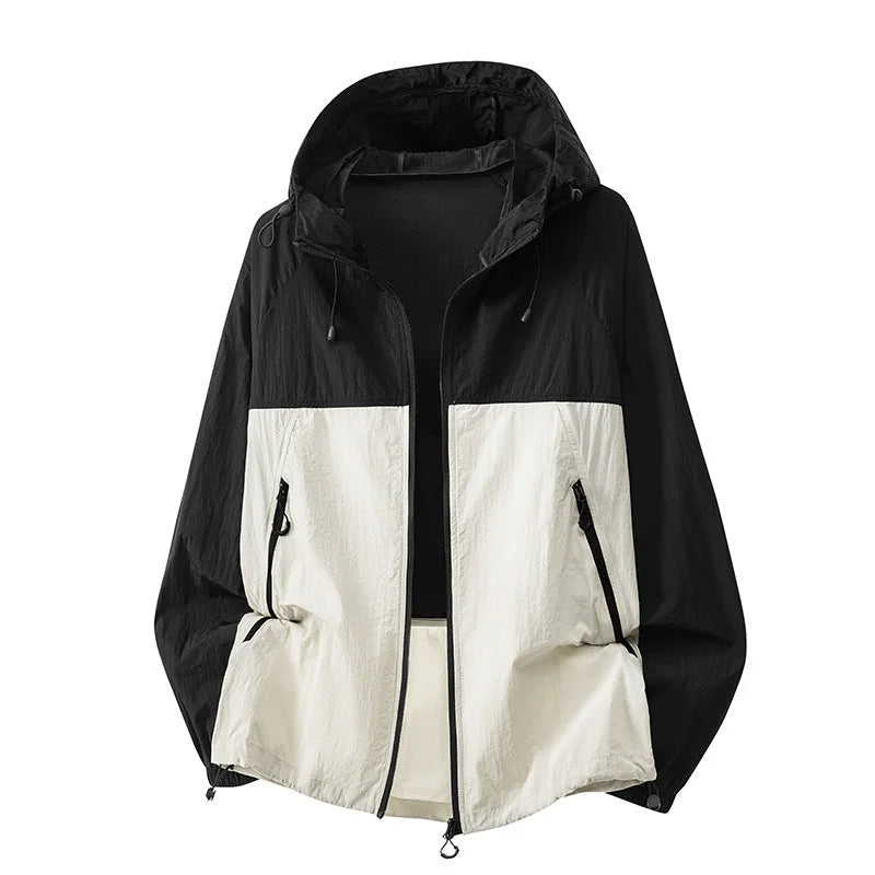 White Black Men's Relaxed-Fit Hooded Jacket with Zip Pockets & Drawstring Hem - Studio Front Colorblock