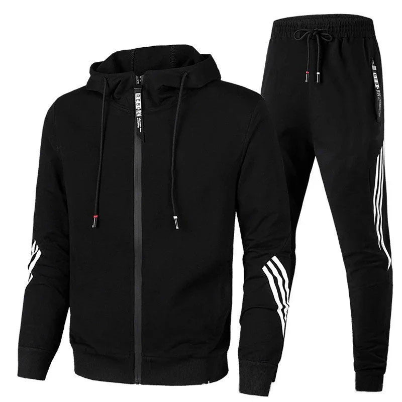 Black Men's Striped-Trim Zip-Up Tracksuit with Hooded Jacket & Jogger Pants