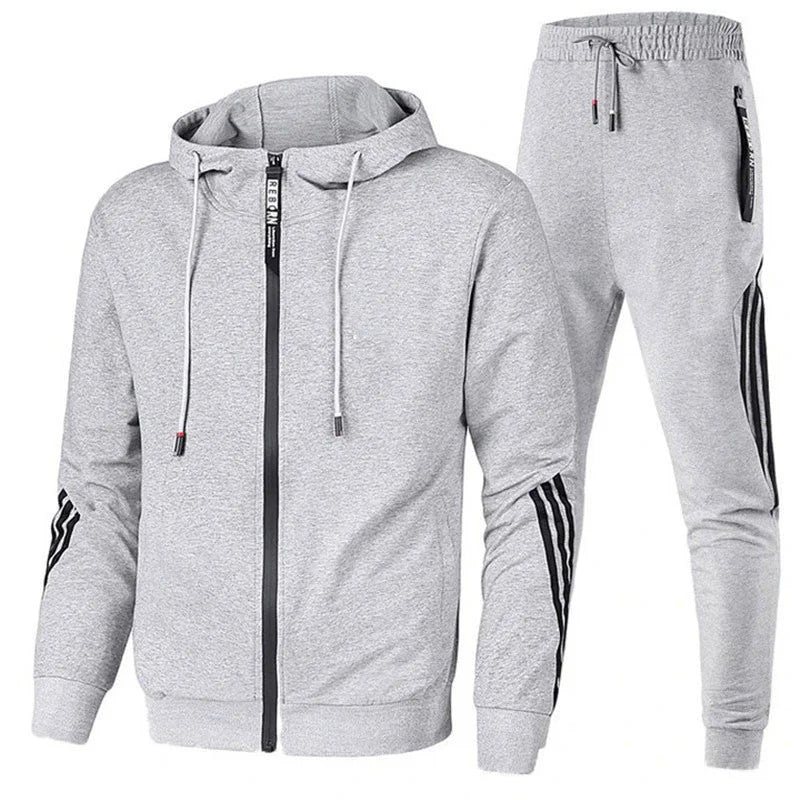 Grey Men's Striped-Trim Zip-Up Tracksuit with Hooded Jacket & Jogger Pants