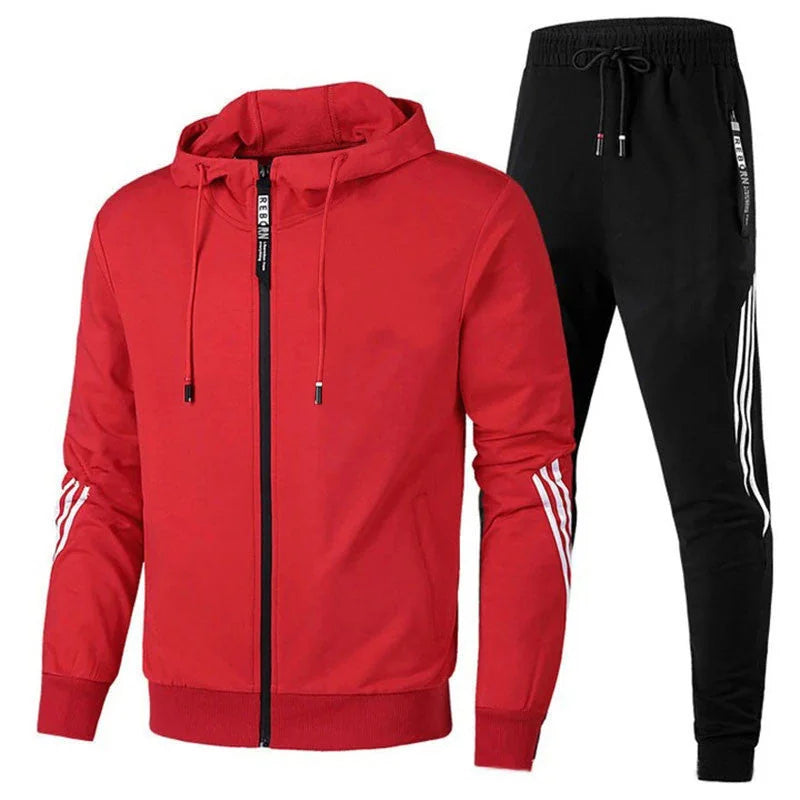 Red Men's Striped-Trim Zip-Up Tracksuit with Hooded Jacket & Jogger Pants