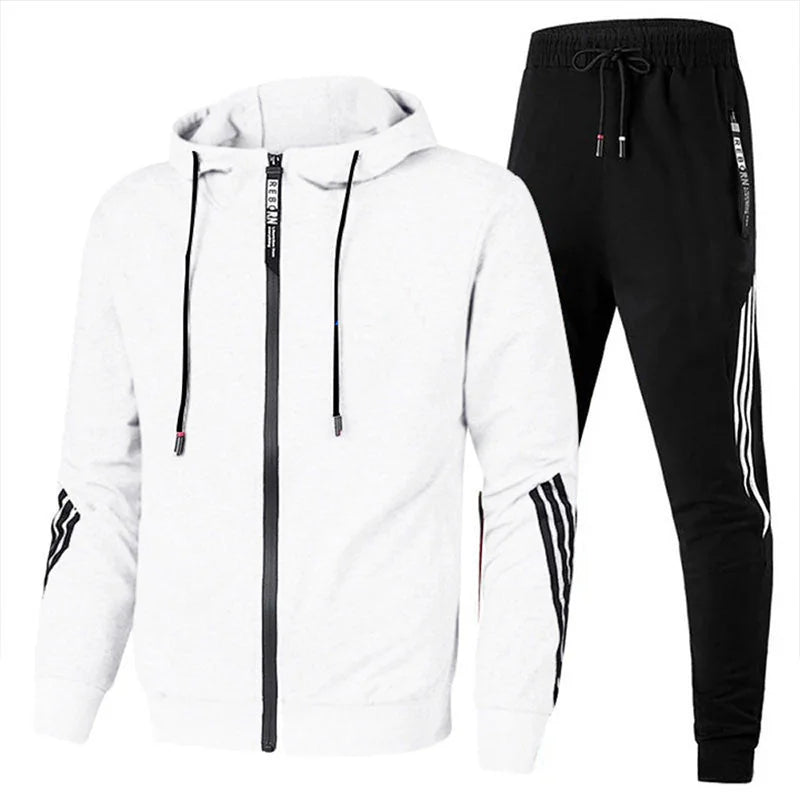 White Men's Striped-Trim Zip-Up Tracksuit with Hooded Jacket & Jogger Pants