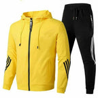 Yellow Men's Striped-Trim Zip-Up Tracksuit with Hooded Jacket & Jogger Pants