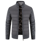 Dark Gray Men's Padded Jacket with Knit Sleeves & Structured Stand Collar - Black Close Up Texture