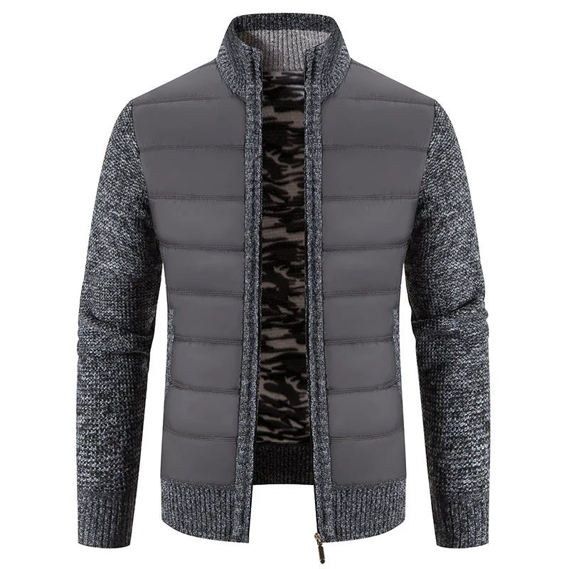 Dark Gray Men's Padded Jacket with Knit Sleeves & Structured Stand Collar - Black Close Up Texture