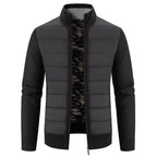 Black Men's Padded Jacket with Knit Sleeves & Structured Stand Collar - Front Pose